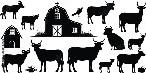 Black silhouettes of cows, barn and farm animals vector icons