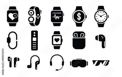 Assortment of wearable tech gadgets including smartwatches, earbuds, and VR headset.