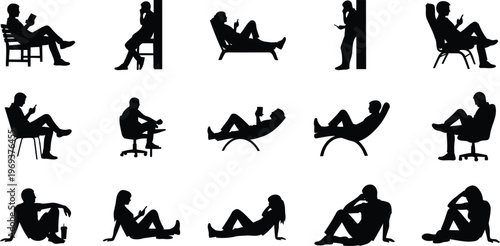 Silhouettes of people sitting and relaxing with mobile devices