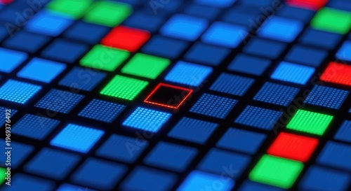 Macro view of a digital display grid highlighting a significant defect. A single, distinct blank pixel indicates a critical data failure or screen malfunction, display, data, zero