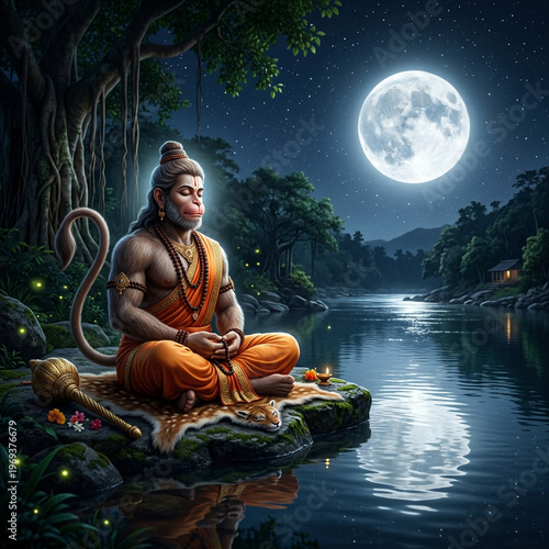 Lord Hanuman meditating on a rock by a moonlit river in a forest at night