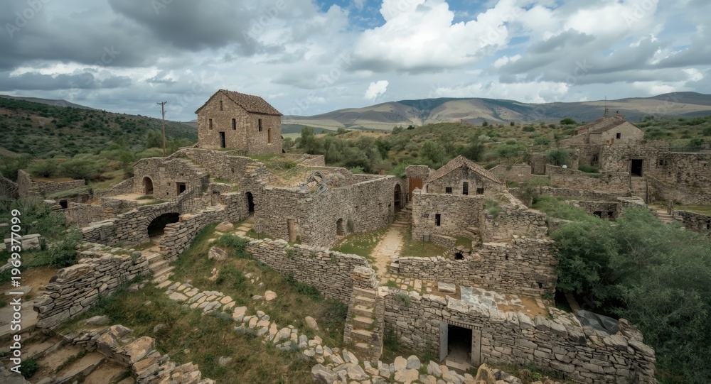 Fototapeta premium Wide view emphasizing stone crafted buildings and underground homes in a historic village