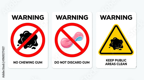 Collection of illustrative warning signs encouraging proper chewing gum disposal and prohibiting its use to ensure cleanliness and hygiene in public spaces