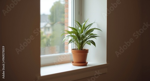 Indoor living space brightened by potted plant positioned on window shelf