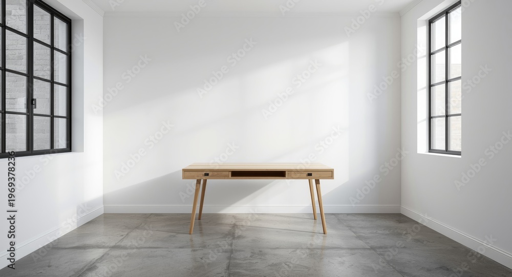 Fototapeta premium White wall home office with wooden desk and minimalistic concrete flooring