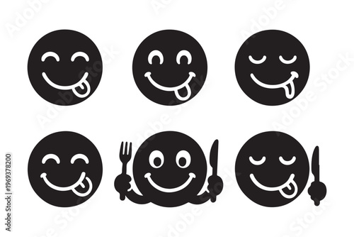 Yummy face emoji set, hungry smile with tongue out icons.