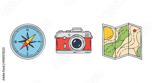 A collection of three travel related icons featuring a compass a red camera and a folding map