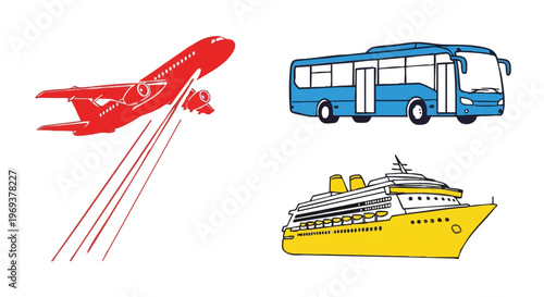 A collection of three different modes of transport including an airplane, a bus, and a cruise ship