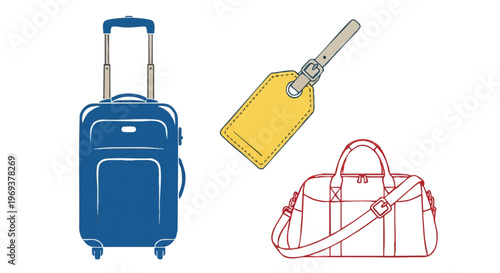 A collection of travel items featuring a blue rolling suitcase, a yellow tag, and a duffel bag.