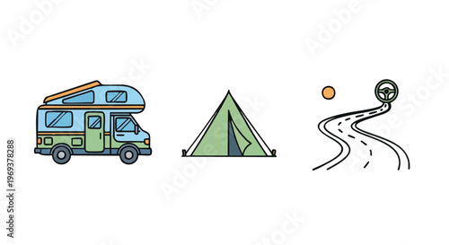 A set of simple flat icons illustrating a recreational vehicle a camping tent and a long road