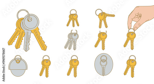 Keychain collection with rings pendants tags and house keys