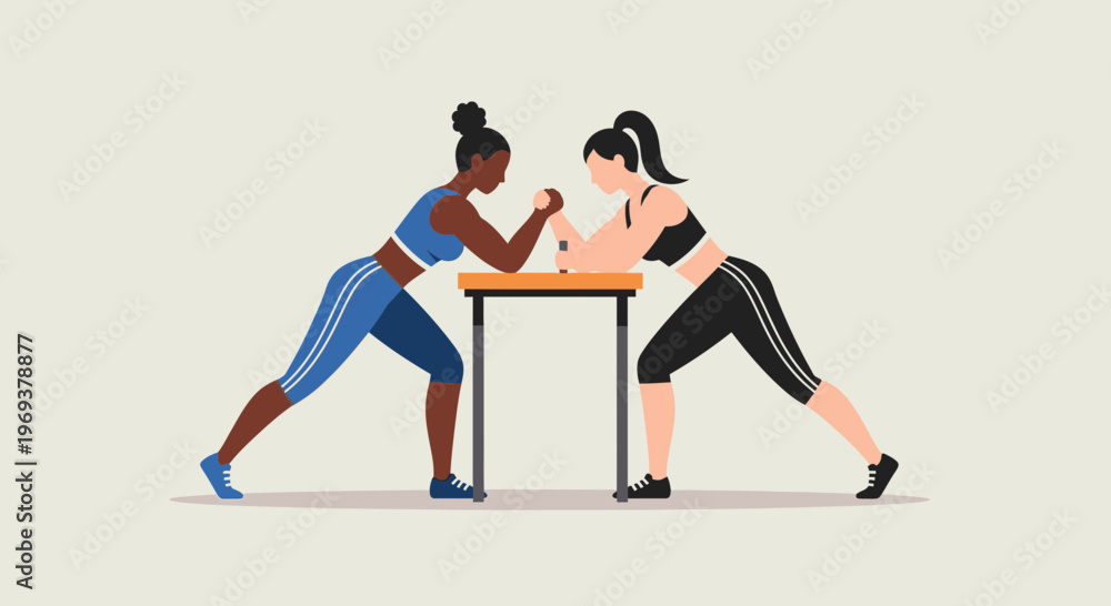 Fototapeta premium Women arm wrestling match illustration in sporty competition scene