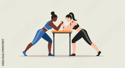 Women arm wrestling match illustration in sporty competition scene