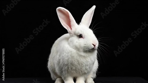 Cute White Fluffy Rabbit Twitching Nose on Black Background