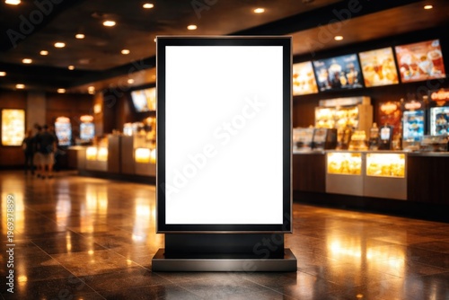Blank advertising billboard in a cinema lobby with blurred concession stand background providing space for promotional content