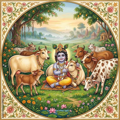 Baby Krishna sitting with c...