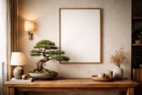 Stylish home interior featuring a wooden table and bonsai tree with photo frame mock up