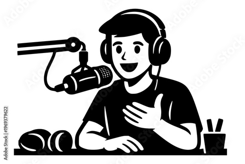 High-contrast graphic of a male content creator speaking into a studio microphone. Clean, modern vector art featuring a radio host or streamer in a recording session. Isolated icon style.