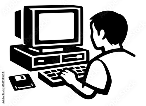 Solid black silhouette of a person using a vintage 1990s desktop computer. Retro vector illustration featuring a CRT monitor, keyboard, and a floppy disk.