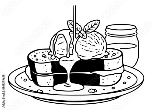Grilled bread toast with ice cream scoop drizzled in syrup, served on plate with mint leaves and jar, Thai street dessert lineart illustration isolated on background