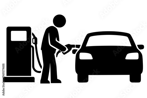 High-contrast graphic showing a person pumping gas into a vehicle. Clean, symbolic vector art depicting an automotive refueling scene. Sharp, isolated icon style