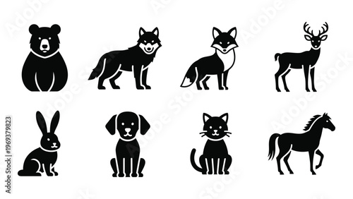 A collection of various animal figures rendered in stark black including a bear wolf deer and horse silhouette high quality professional