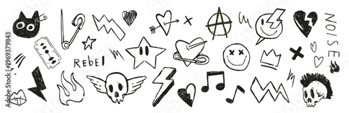 Punk doodle set with skulls, hearts, lightning, safety pins and grunge symbols. Edgy illustration for rebellious style, music culture, street art and alternative design.