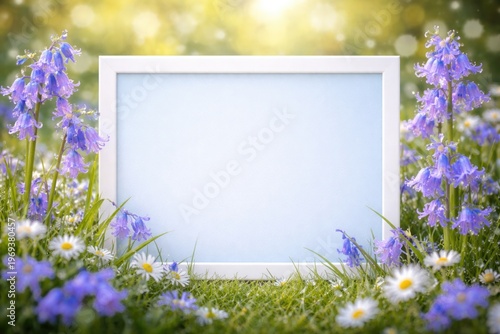 Springtime background with bluebell flowers and white frame including blue copy space for natural greeting cards