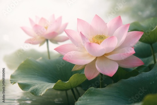 Graceful pink lotus flowers with soft petals and lush green leaves on a calm white background for peaceful nature themes