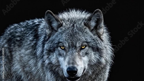 Majestic Gray Wolf Intense Stare on Black Background