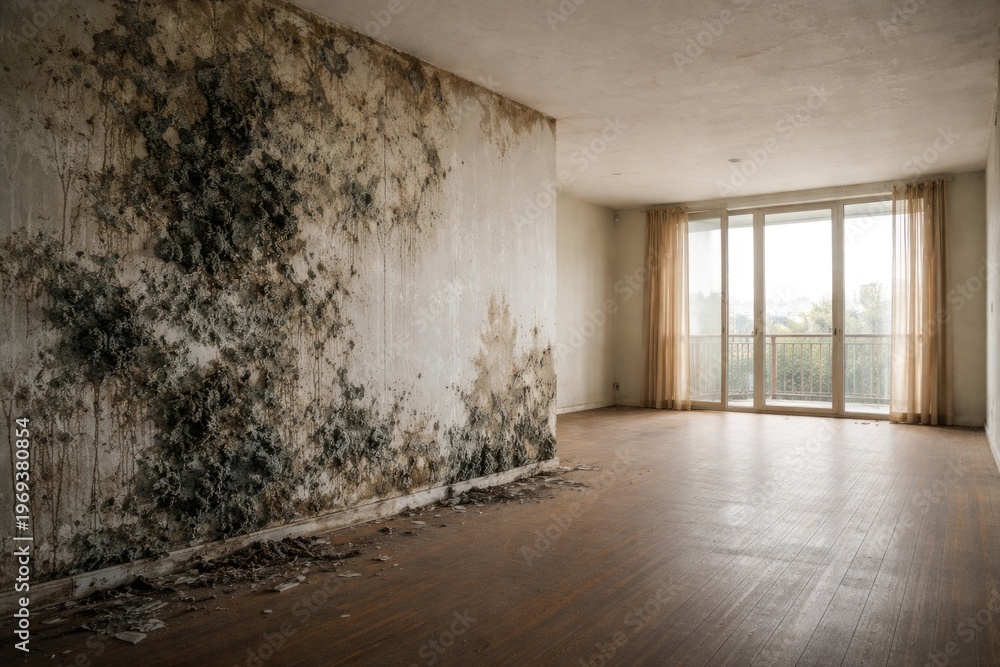 Fototapeta premium Apartment interior wall showing mold damage with spacious copy space