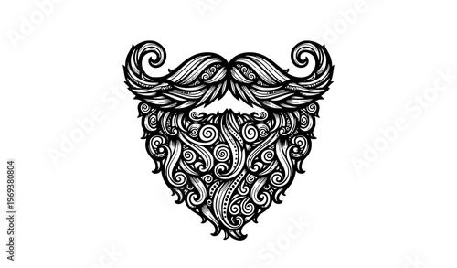Ornate stylized beard and mustache vector line art illustration