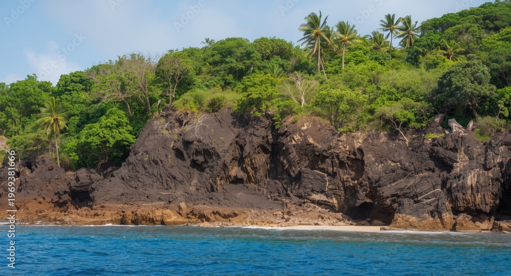 Obraz premium Shoreline with tropical trees and rugged volcanic rocks emphasizing natural erosion processes