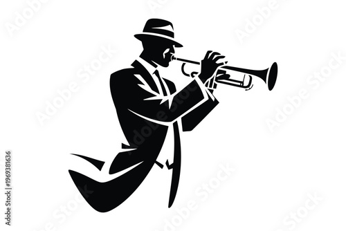 Silhouette of a man in hat and suit playing a trumpet