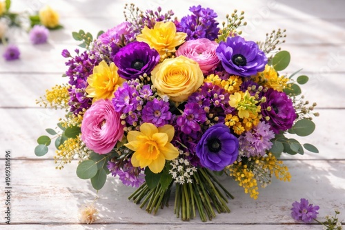 A charming spring bouquet with a lively mix of multicolored flowers in vivid purple and yellow tones placed on a white wooden background