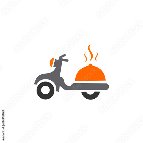 A clever and minimalist logo in charcoal grey and vibrant orange that combines a delivery scooter with a cloche (food dome).