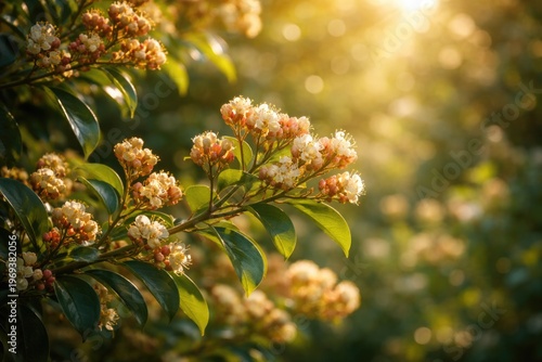 Delicate clove tree branches with blooming flowers glowing under warm sunlight in a tranquil natural environment with gentle bokeh and lush greenery