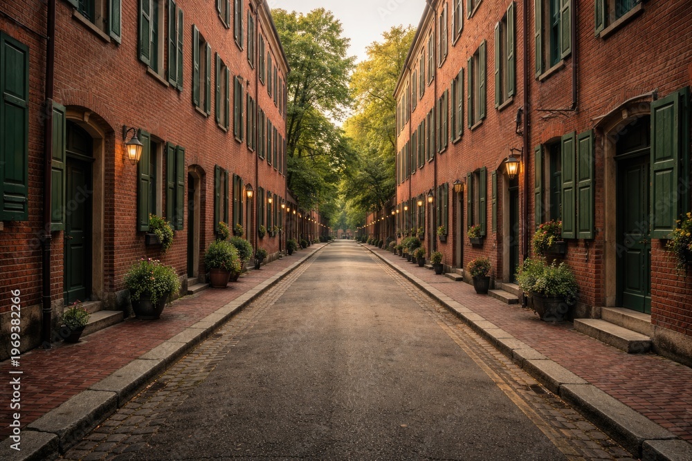 Fototapeta premium Tranquil empty street with copy space between red brick buildings and green shuttered windows