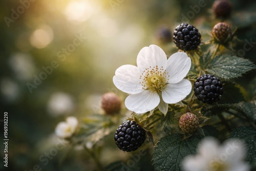 Enchanting delicate white flower with blackberry details on natural background copy space