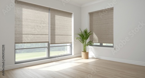 Spacious room featuring automatic solar shades and roller blinds with linen fabric textured backdrop