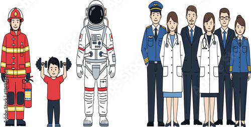 Professional Occupations Character Set Featuring Firefighter Astronaut Doctor Pilot and Worker People with Uniforms Representing Different Careers and Jobs Illustration Collection