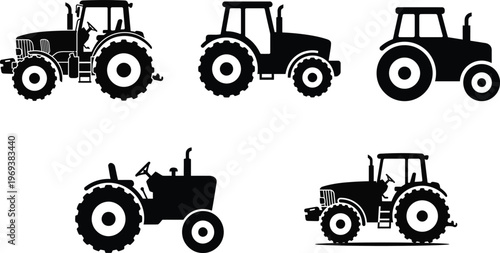 Collection of five transparent tractor silhouettes in clean minimalist line-art style for agricultural branding and farm equipment design