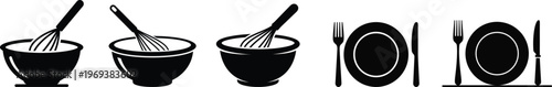 Kitchen utensils set including whisk, bowls, and cutlery in clean monochrome vector design for food bloggers and culinary branding
