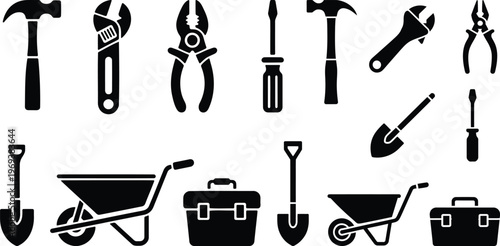Set of black and white vector icons for construction and repair tools