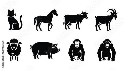 A collection of black animal silhouettes showcases a cat horse cow goat sheep pig and two primates silhouette high quality professional