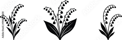Elegant botanical line art illustration of three stylized lily-of-the-valley flowers with delicate stems and leaves, minimalist monochromatic design for branding and stationery