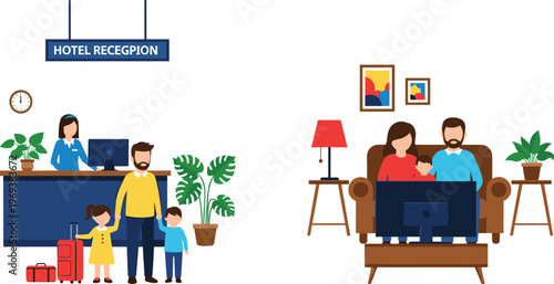 Hotel Reception and Family Stay Illustration Featuring Guests Checking In at Front Desk and Watching Television in Cozy Room Flat Cartoon Style