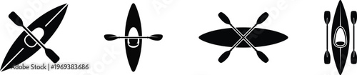 Minimalist kayak icon set featuring four stylized paddling designs with clean line art and flat color palette for branding and logo design