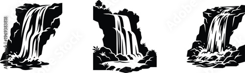 Waterfall illustration with cascading lines and natural foliage, minimalist line art design for branding and editorial use