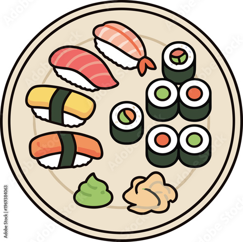 A plate of assorted sushi rolls and sashimi served on a plate